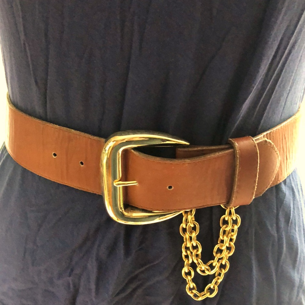 A. Brod Cognac Leather Belt with Double Chain